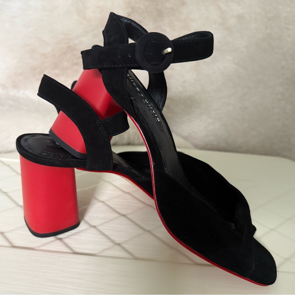 NEW! Alice + Olivia black suede red heel block ankle strap shoes sandals - Picture 2 of 8